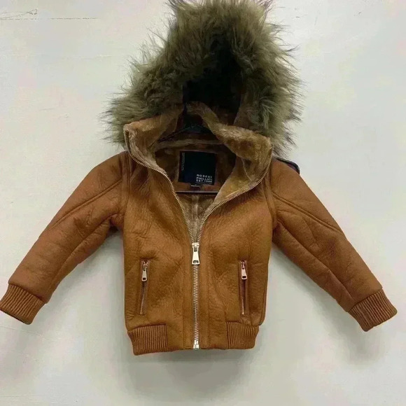 Robert Phillipe Brown‎ Faux Leather Kids Coat Jacket with Fur Hood Size 4 - Picture 3 of 5